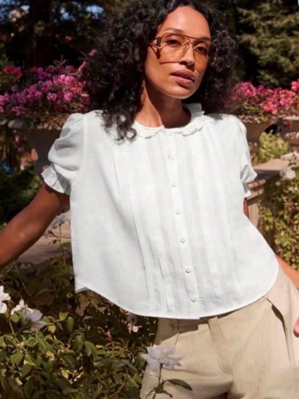 Cabi Winnie Pintuck Pleat Puff Sleeve Blouse White
